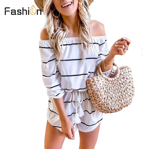 Wide Leg Belted Striped Romper Women Long Sleeve Rompers for Women Off Shoulder Playsuit Summer Jumpsuit Preppy Casual Bodysuit