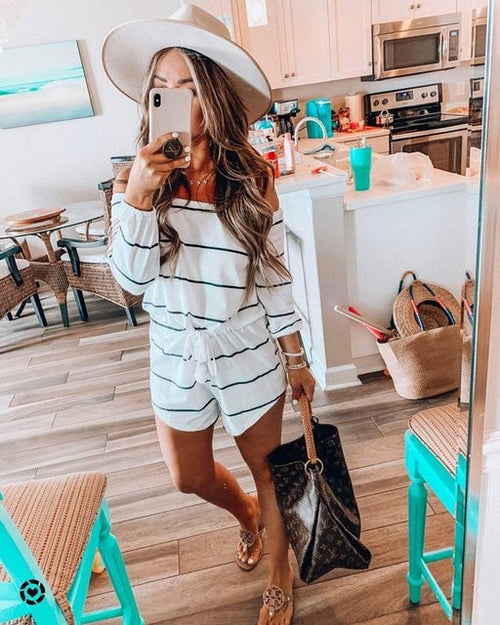 Wide Leg Belted Striped Romper Women Long Sleeve Rompers for Women Off Shoulder Playsuit Summer Jumpsuit Preppy Casual Bodysuit
