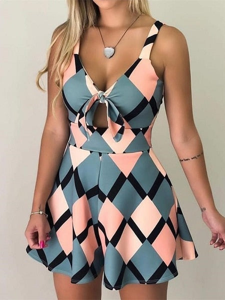 2019 Summer Women Elegant Vacation Leisure Playsuit Female Casual Jumpsuit Colorblock Geo Print Spaghetti Strap Romper