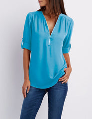 Summer Women Cool Loose Shirt Deep V Neck Chiffon Blouse Casual Ladies Tops Sexy Zipper Pullover Plus Size Long Sleeve Fashion