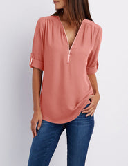 Summer Women Cool Loose Shirt Deep V Neck Chiffon Blouse Casual Ladies Tops Sexy Zipper Pullover Plus Size Long Sleeve Fashion