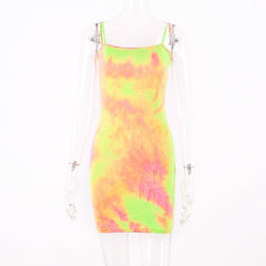 Hugcitar tie dye print colorful spaghetti straps sexy bodycon mini dress 2019 summer women fashion club party streetwear