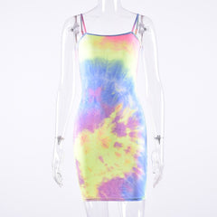 Hugcitar tie dye print colorful spaghetti straps sexy bodycon mini dress 2019 summer women fashion club party streetwear