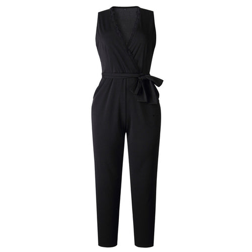 Women Ladies' Playsuit Female Pocket Lace V Neck Sleeveless Solid Long Legging Rompers Casual Jumpsuit Black Fashion Playsuit