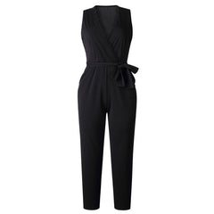 Women Ladies' Playsuit Female Pocket Lace V Neck Sleeveless Solid Long Legging Rompers Casual Jumpsuit Black Fashion Playsuit