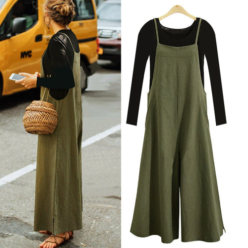 EaseHut Plus Size 3XL Women Cotton Jumpsuit Pocket Wide Leg Rompers Strappy Dungaree Bib Overalls Casual Loose Solid Playsuit