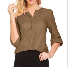 Women Summer Middle Sleeve Chiffon Blouses Fashion Hot Style V-Neck Chiffon Shirt Simple Design All Match Shirts OL Basic Top