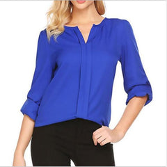 Women Summer Middle Sleeve Chiffon Blouses Fashion Hot Style V-Neck Chiffon Shirt Simple Design All Match Shirts OL Basic Top