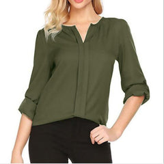 Women Summer Middle Sleeve Chiffon Blouses Fashion Hot Style V-Neck Chiffon Shirt Simple Design All Match Shirts OL Basic Top