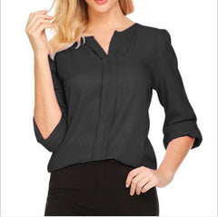 Women Summer Middle Sleeve Chiffon Blouses Fashion Hot Style V-Neck Chiffon Shirt Simple Design All Match Shirts OL Basic Top