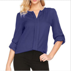 Women Summer Middle Sleeve Chiffon Blouses Fashion Hot Style V-Neck Chiffon Shirt Simple Design All Match Shirts OL Basic Top