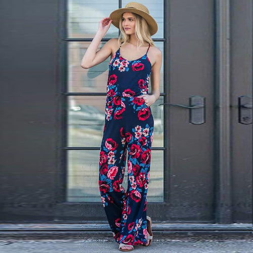 Spaghetti Strap Jumpsuit Women 2018 Summer Long Pants Floral Print Rompers Beach Casual Jumpsuits Sleeveless Sashes Playsuits