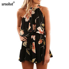 Floral Print Chiffon Playsuit Women 2018 Summer Sexy Off Shoulder Halter Sleeveless Boho Rompers Jumpsuit Beach Party Overalls