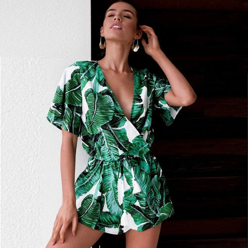 Floral Print Chiffon Playsuit Women 2018 Summer Sexy Off Shoulder Halter Sleeveless Boho Rompers Jumpsuit Beach Party Overalls