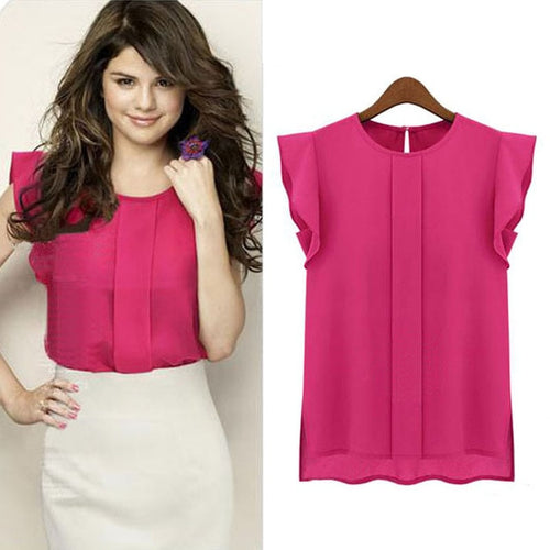 fashion woman blouses 2018 solid womens tops and blouses Chiffon Shirts OL Lady Round Collar Sleeveless Ruffles Tops Plus Size