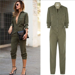Hot Sale Fashion Autumn Casual Button Overall Pencil Pants Playsuits V-neck Turn-Down Collar Lady Romper Long Sleeve Jumpsuits