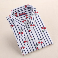 Dioufond Cotton Long Sleeve Women Blouses School Work Office Shirts Casual Tops Ladies Cherry Print Shirt Women Fashion Clothing