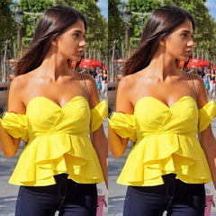 Fashion Women Off Shoulder Puff Sleeve Ruffle V-neck Peplum Crop Tops Summer Loose Strapless Casual Solid Color Shirts Blouse