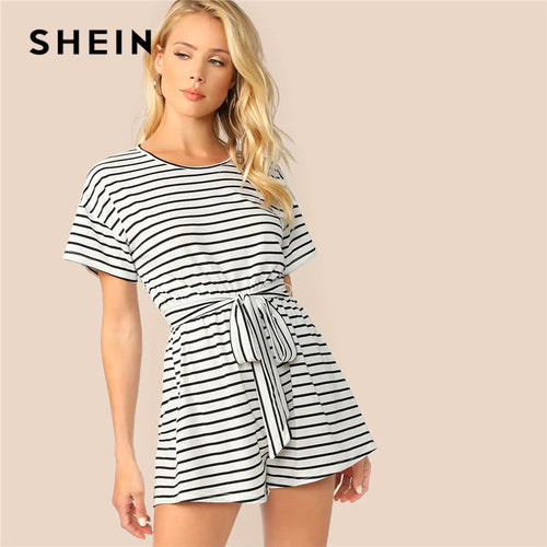SHEIN White Wide Leg Belted Striped Tee Romper Women Short Sleeve Round Neck Keyhole Back Playsuit Summer Preppy Casual Rompers