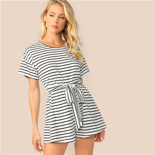 SHEIN White Wide Leg Belted Striped Tee Romper Women Short Sleeve Round Neck Keyhole Back Playsuit Summer Preppy Casual Rompers