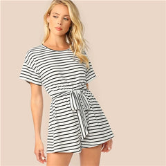 SHEIN White Wide Leg Belted Striped Tee Romper Women Short Sleeve Round Neck Keyhole Back Playsuit Summer Preppy Casual Rompers