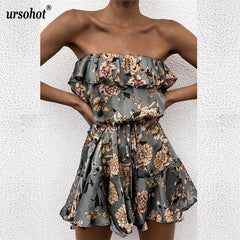 Floral Print Chiffon Playsuit Women 2018 Summer Sexy Off Shoulder Halter Sleeveless Boho Rompers Jumpsuit Beach Party Overalls