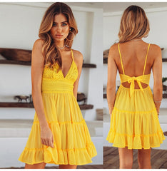 Summer Women Lace Dress Sexy Backless V-neck Beach Dresses 2019 Fashion Sleeveless Spaghetti Strap White Casual Mini Sundress