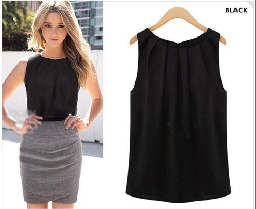 2019 New Casual Summer Sexy Tank Loose Sleeveless Fashion Women Blouses Elegant Sexy Round Neck Solid Tops Chiffon Plus Size Top