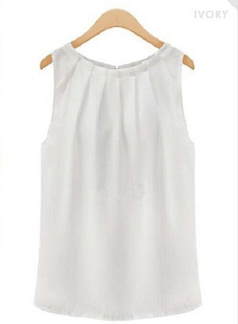 2019 New Casual Summer Sexy Tank Loose Sleeveless Fashion Women Blouses Elegant Sexy Round Neck Solid Tops Chiffon Plus Size Top