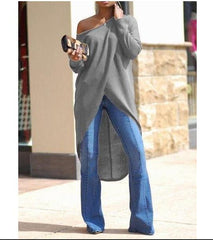 Women Skew Collar Long Sleeve Blouse Woman Split Asymmetrical Hem Casual Solid Color Tops Ladies Fashion Blouse 2019 Streetwear